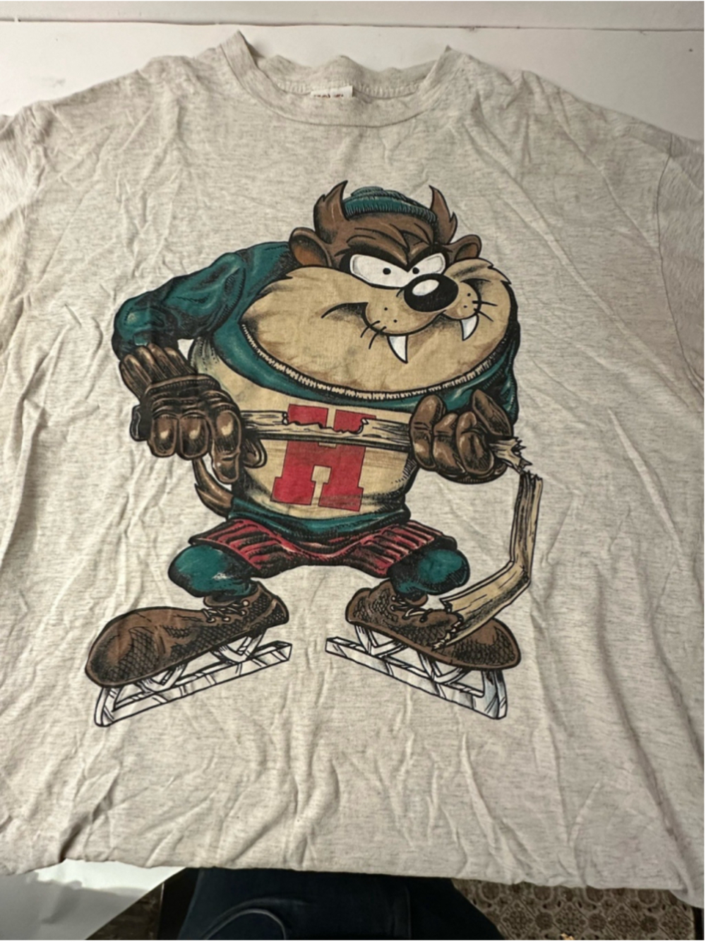 Vintage 90s Taz Tasmanian Devil Hockey Graphic T-Shirt Gray Mens Large